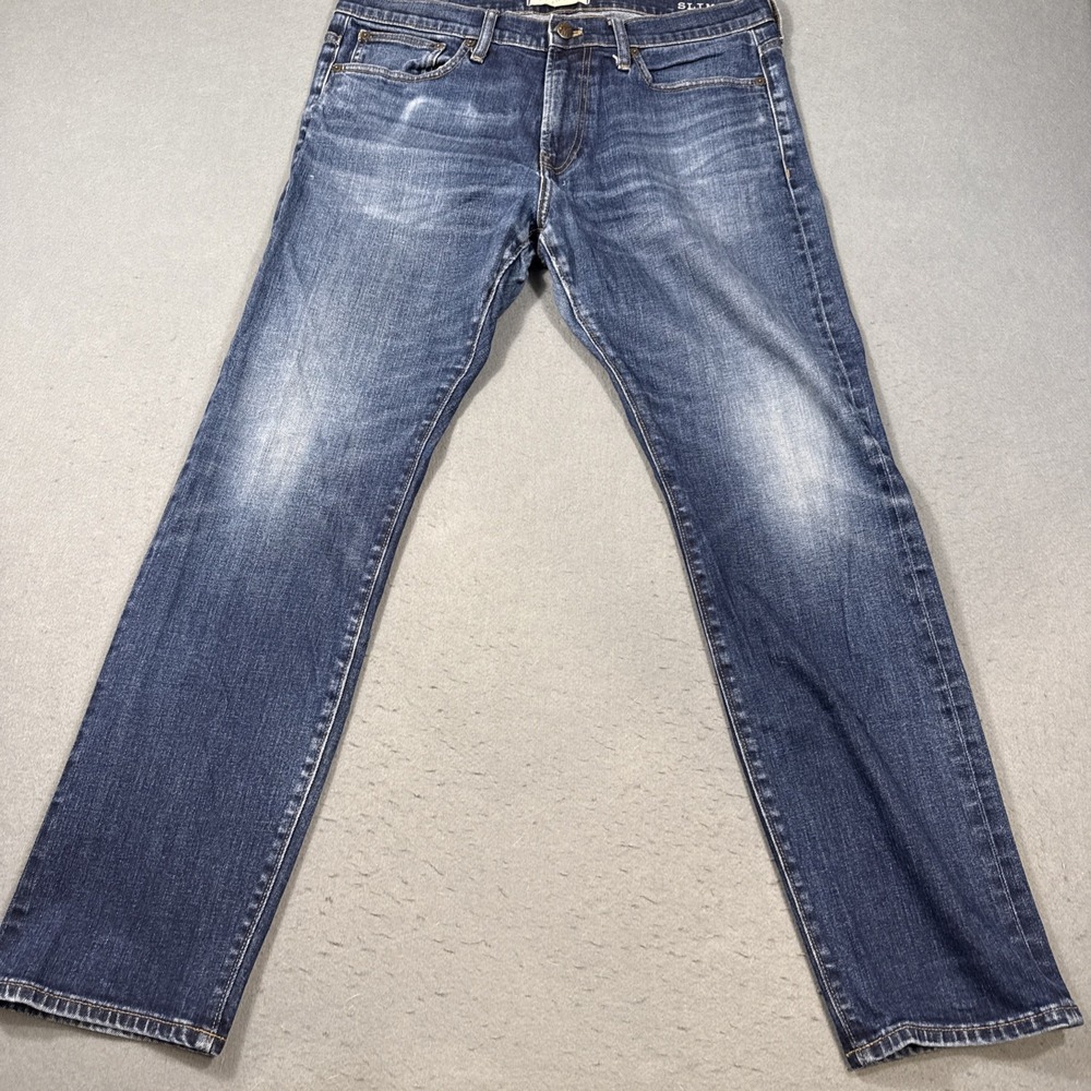 JEANS Madewell Mens 33x30 Blue Slim Straight Stretch Dark Wash Denim WHISKERING